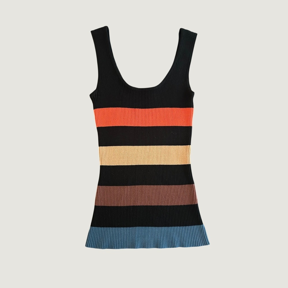 Black Multi Color Striped Ribbed Knit Scoop Neck Sleeveless Tank Top 1557